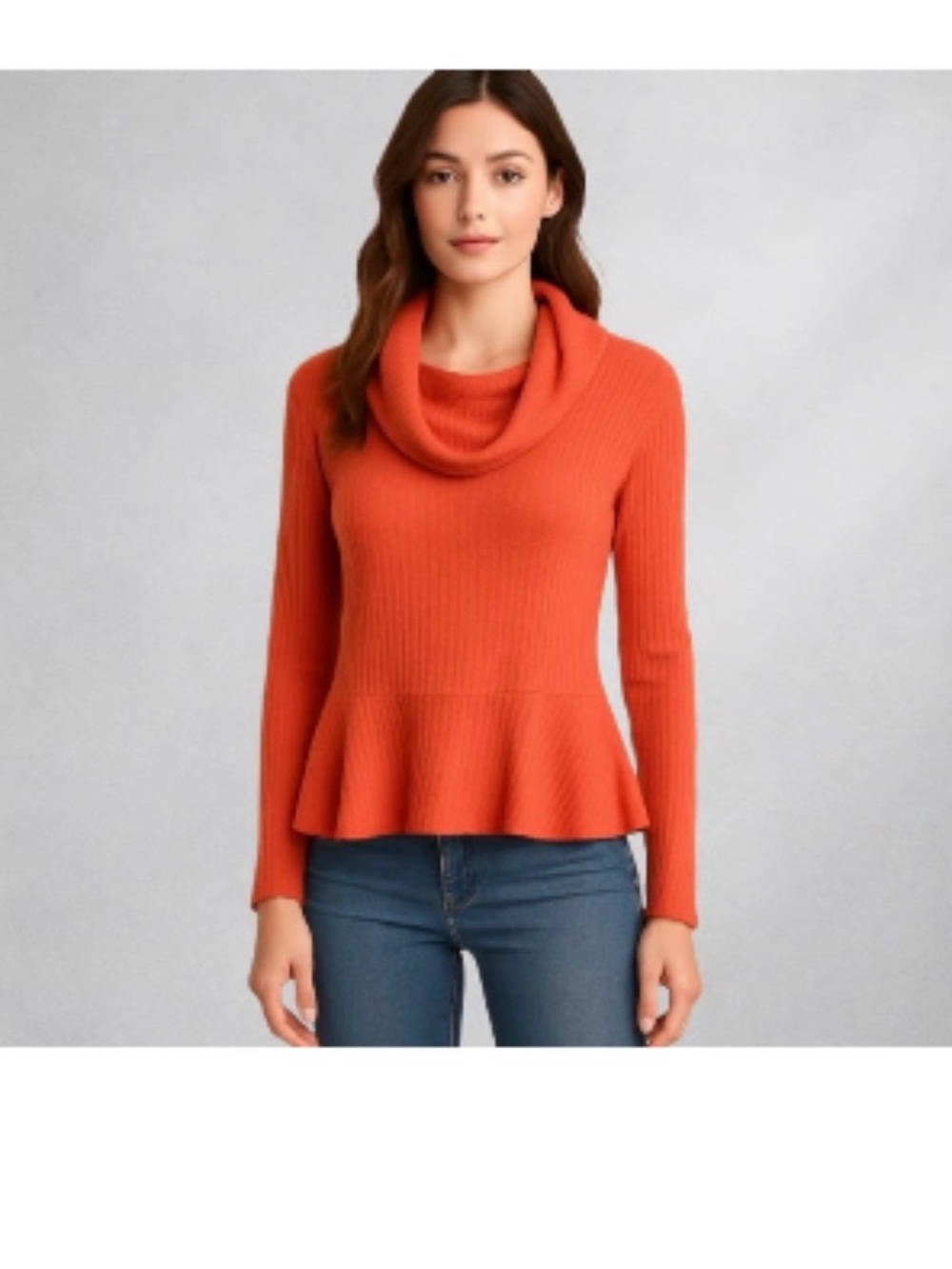 Maeve Orange Cowl Neck Peplum Sweater